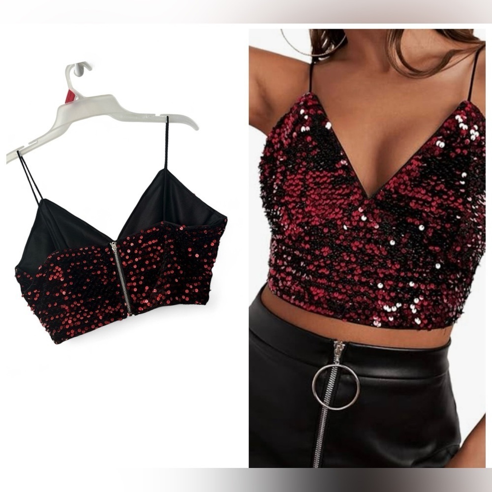 SweatyRock Women’s Red Sequins Spaghetti Strap V Neck Top Brand New